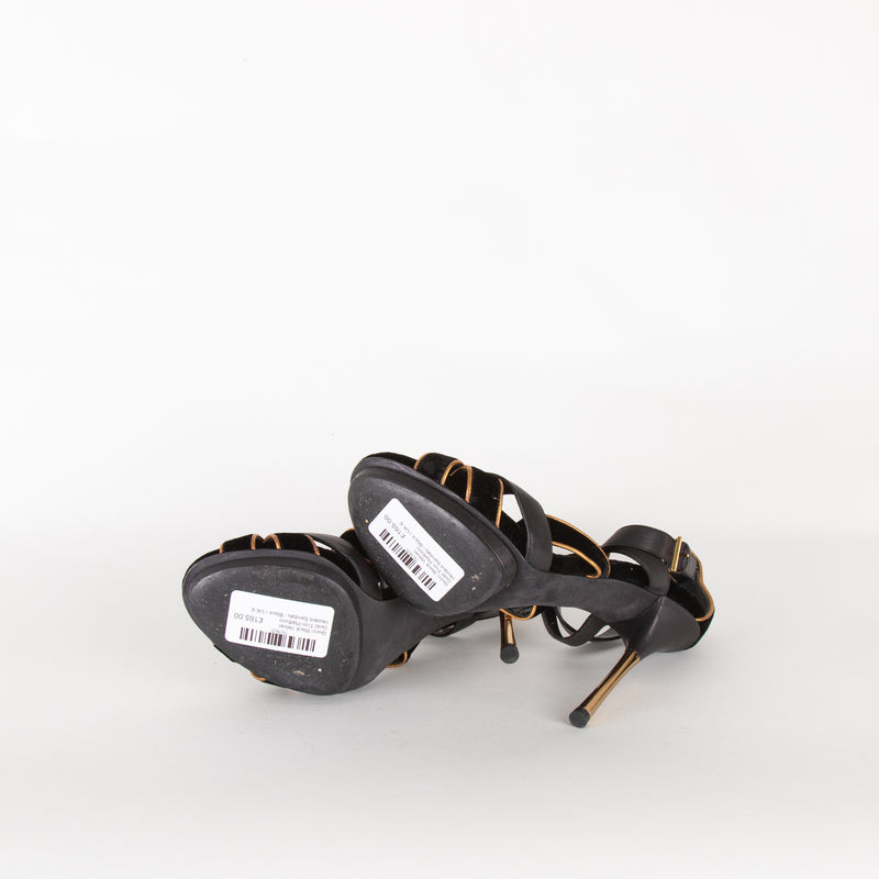 Gucci Black Velvet Gold Trim Platform Heeled Sandals