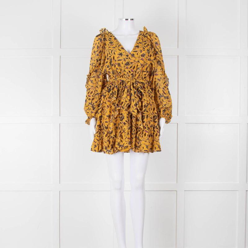 Ulla Johnson Mustard Yellow Floral Silk Long Sleeve Mini Dress