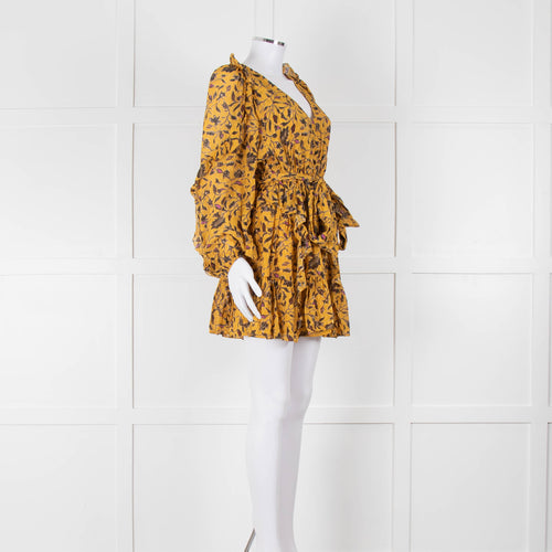 Ulla Johnson Mustard Yellow Floral Silk Long Sleeve Mini Dress