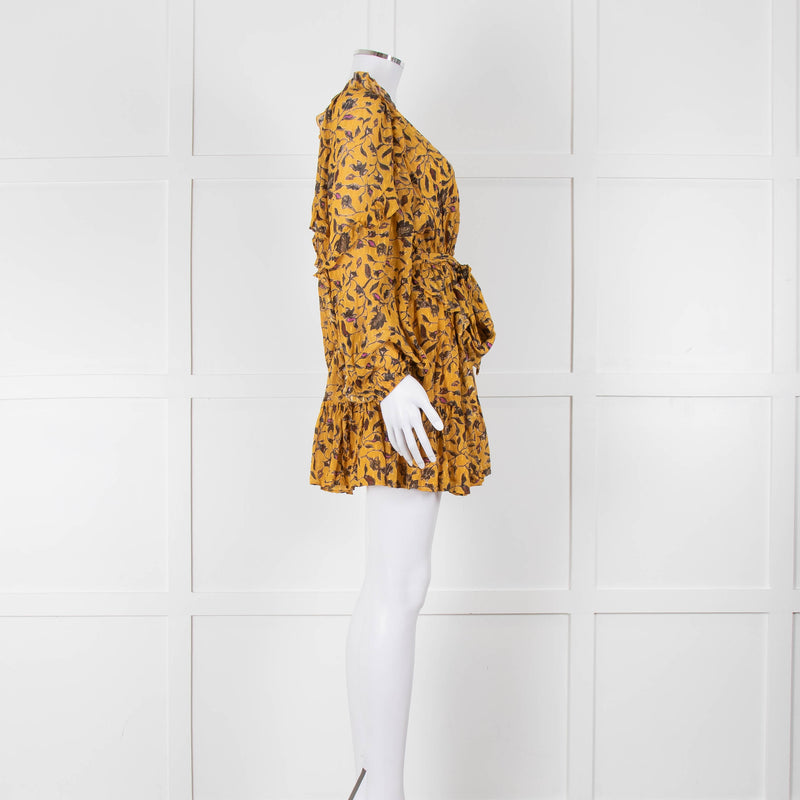 Ulla Johnson Mustard Yellow Floral Silk Long Sleeve Mini Dress