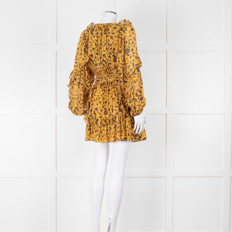 Ulla Johnson Mustard Yellow Floral Silk Long Sleeve Mini Dress