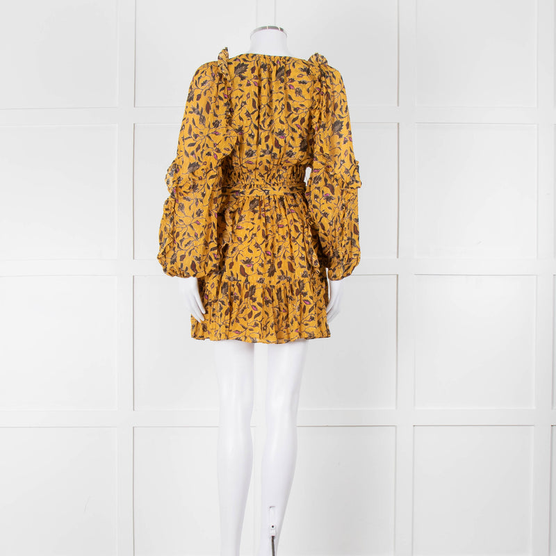 Ulla Johnson Mustard Yellow Floral Silk Long Sleeve Mini Dress