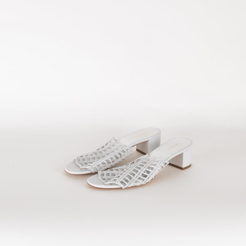 Mansur Gavriel White Lattice Leather Heeled Mules