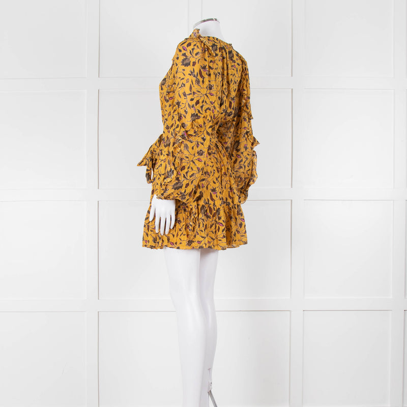 Ulla Johnson Mustard Yellow Floral Silk Long Sleeve Mini Dress