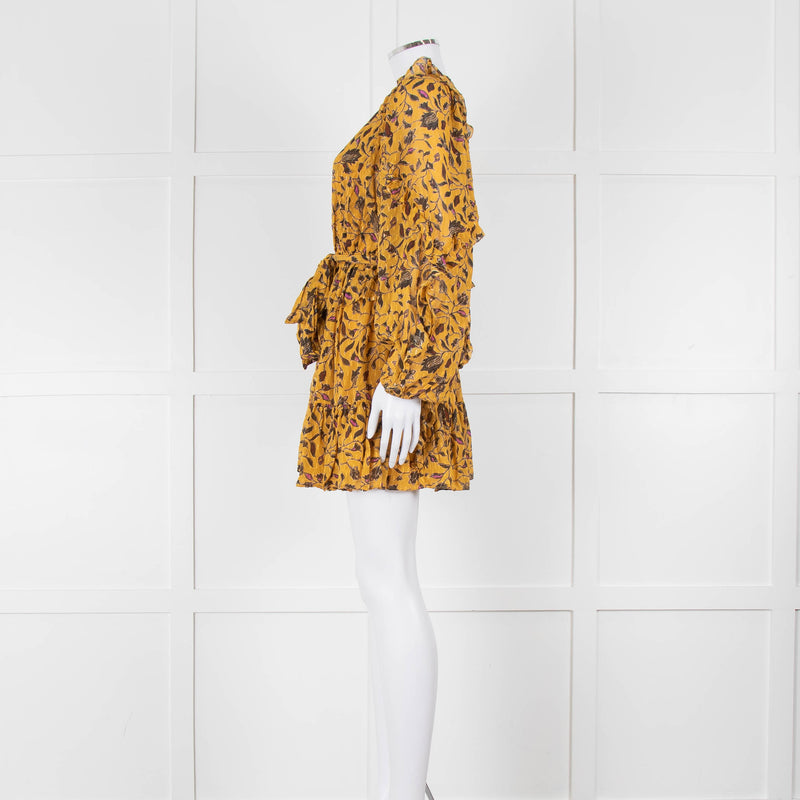 Ulla Johnson Mustard Yellow Floral Silk Long Sleeve Mini Dress