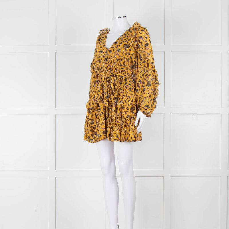 Ulla Johnson Mustard Yellow Floral Silk Long Sleeve Mini Dress