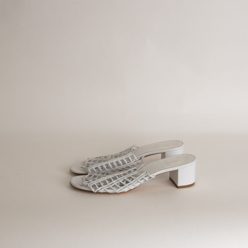 Mansur Gavriel White Lattice Leather Heeled Mules