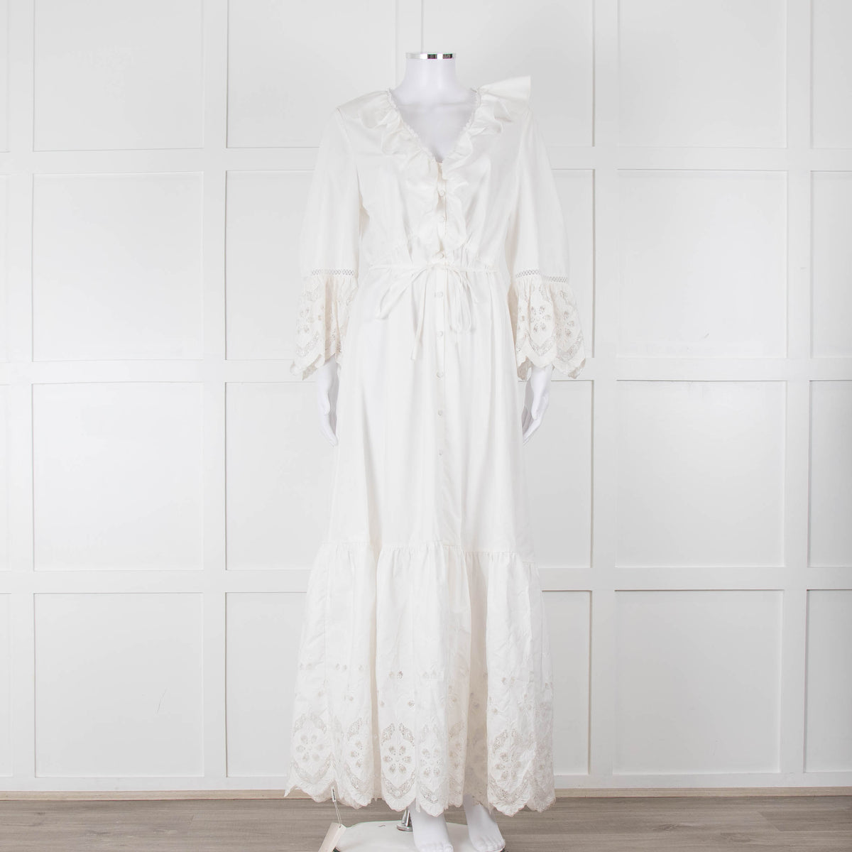 Self-Portrait White Cotton Embroidered Trim Peplum Maxi Dress
