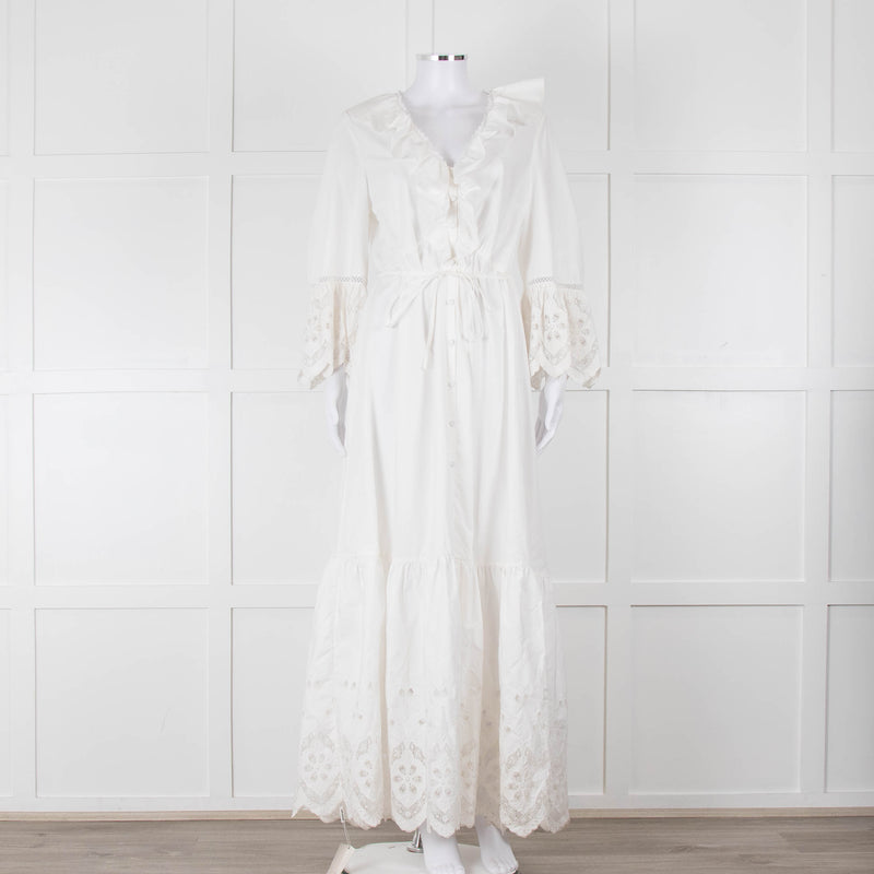 Self-Portrait White Cotton Embroidered Trim Peplum Maxi Dress