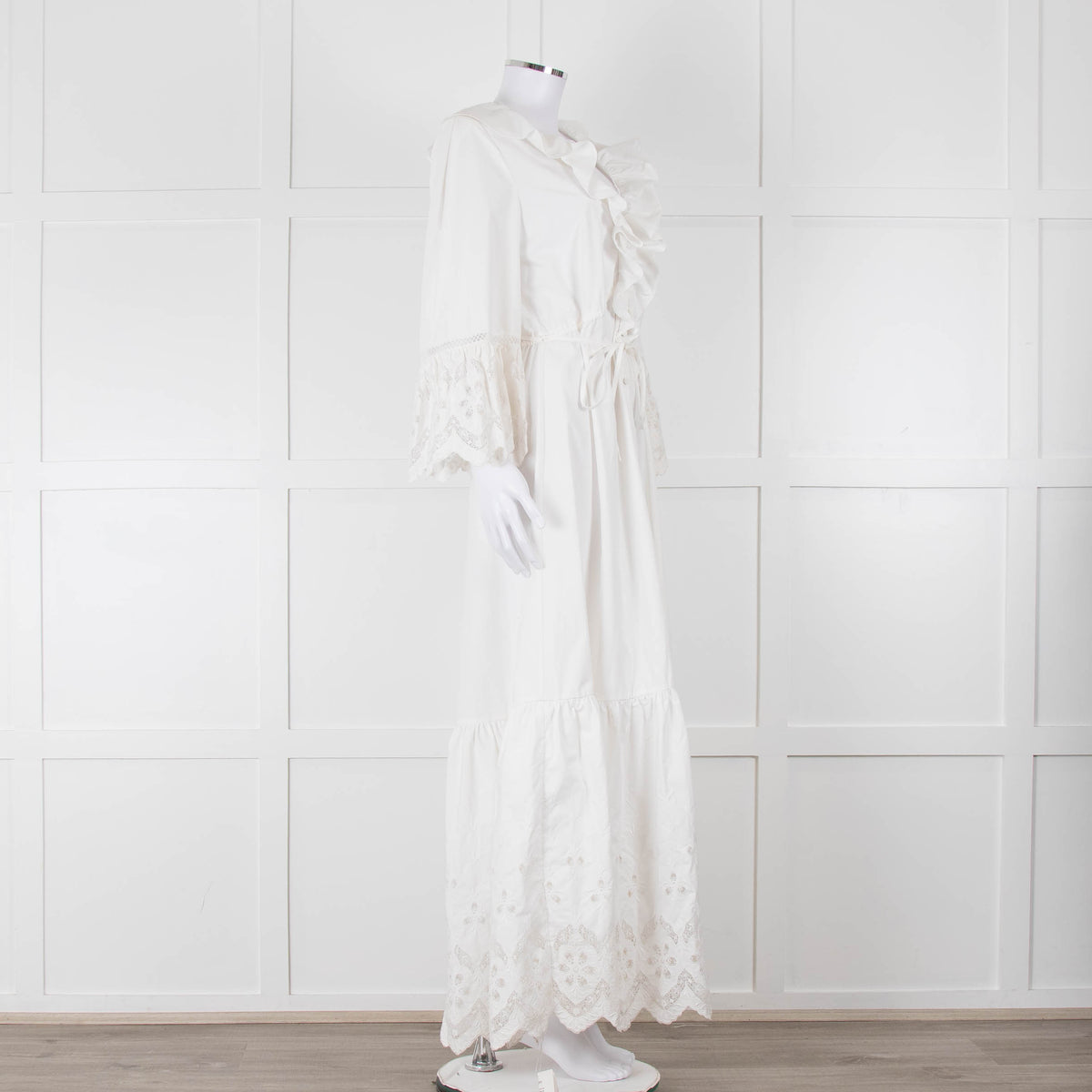 Self-Portrait White Cotton Embroidered Trim Peplum Maxi Dress