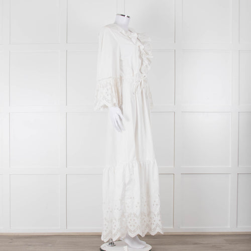 Self-Portrait White Cotton Embroidered Trim Peplum Maxi Dress