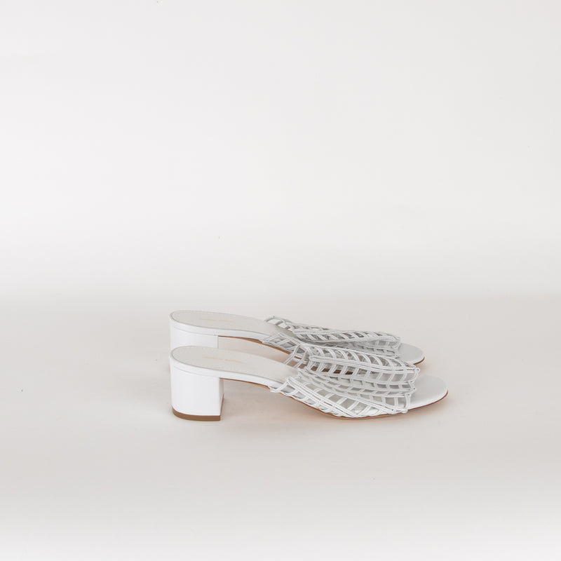 Mansur Gavriel White Lattice Leather Heeled Mules