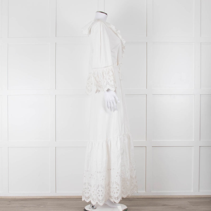 Self-Portrait White Cotton Embroidered Trim Peplum Maxi Dress