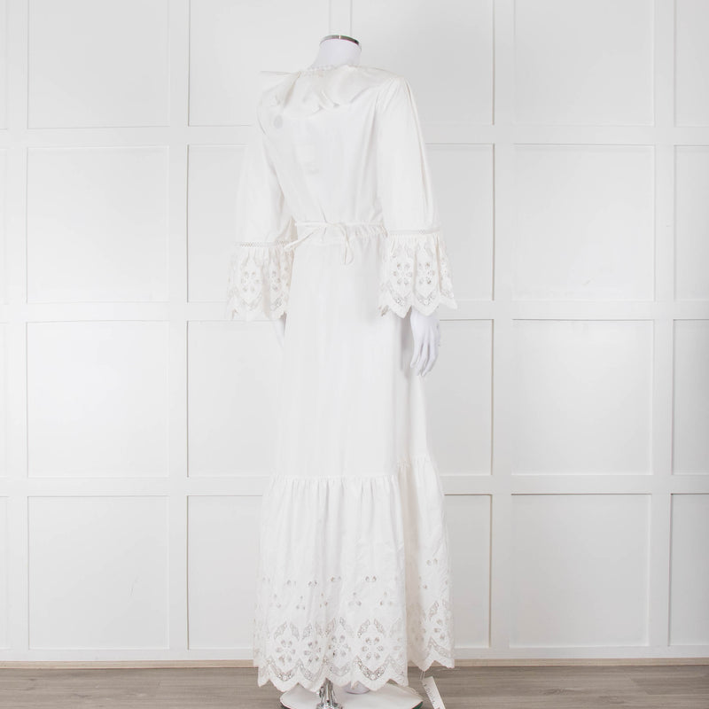 Self-Portrait White Cotton Embroidered Trim Peplum Maxi Dress