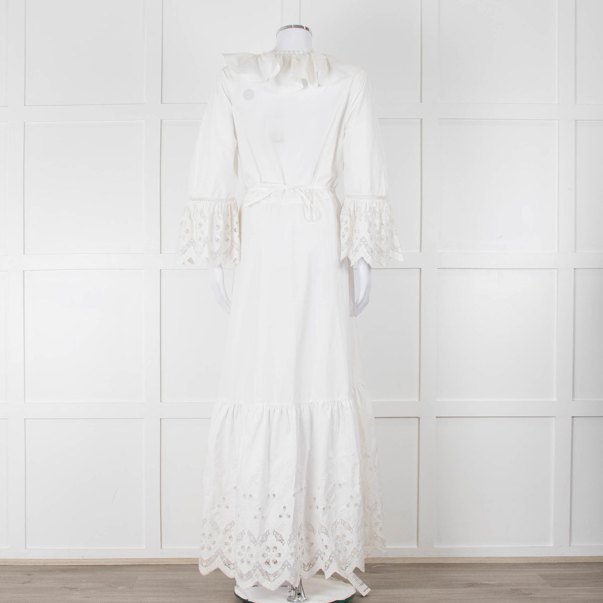 Self-Portrait White Cotton Embroidered Trim Peplum Maxi Dress