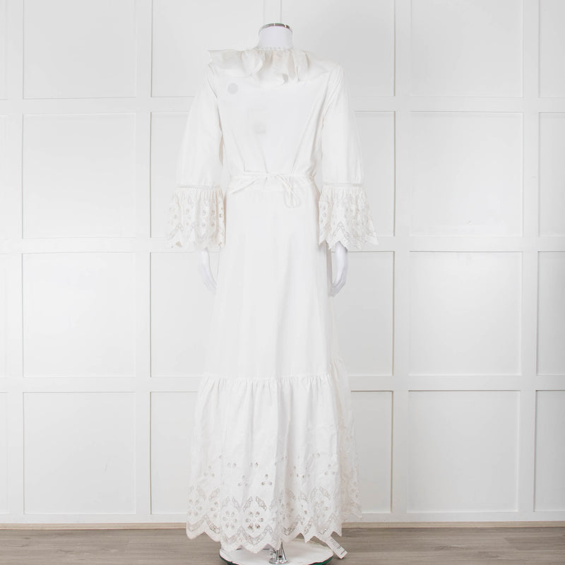Self-Portrait White Cotton Embroidered Trim Peplum Maxi Dress