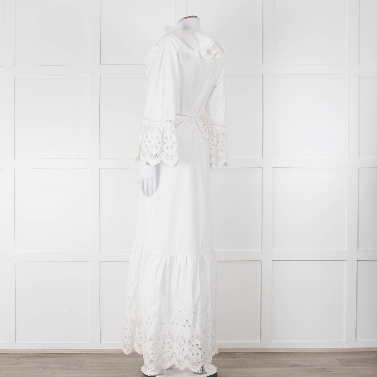 Self-Portrait White Cotton Embroidered Trim Peplum Maxi Dress