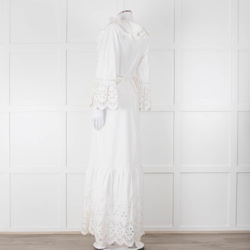 Self-Portrait White Cotton Embroidered Trim Peplum Maxi Dress