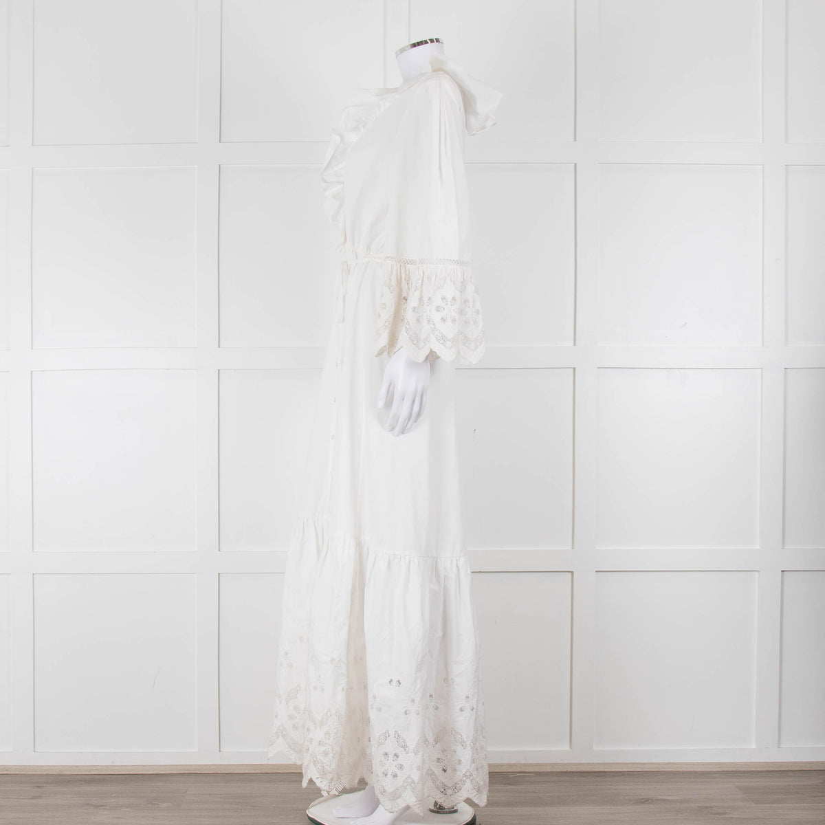 Self-Portrait White Cotton Embroidered Trim Peplum Maxi Dress