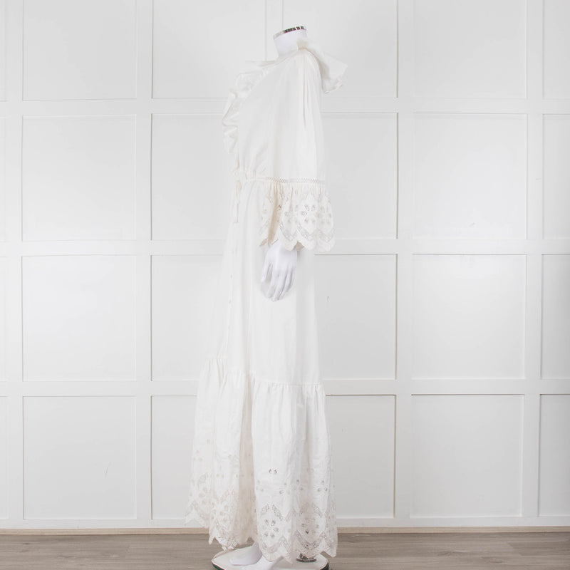 Self-Portrait White Cotton Embroidered Trim Peplum Maxi Dress