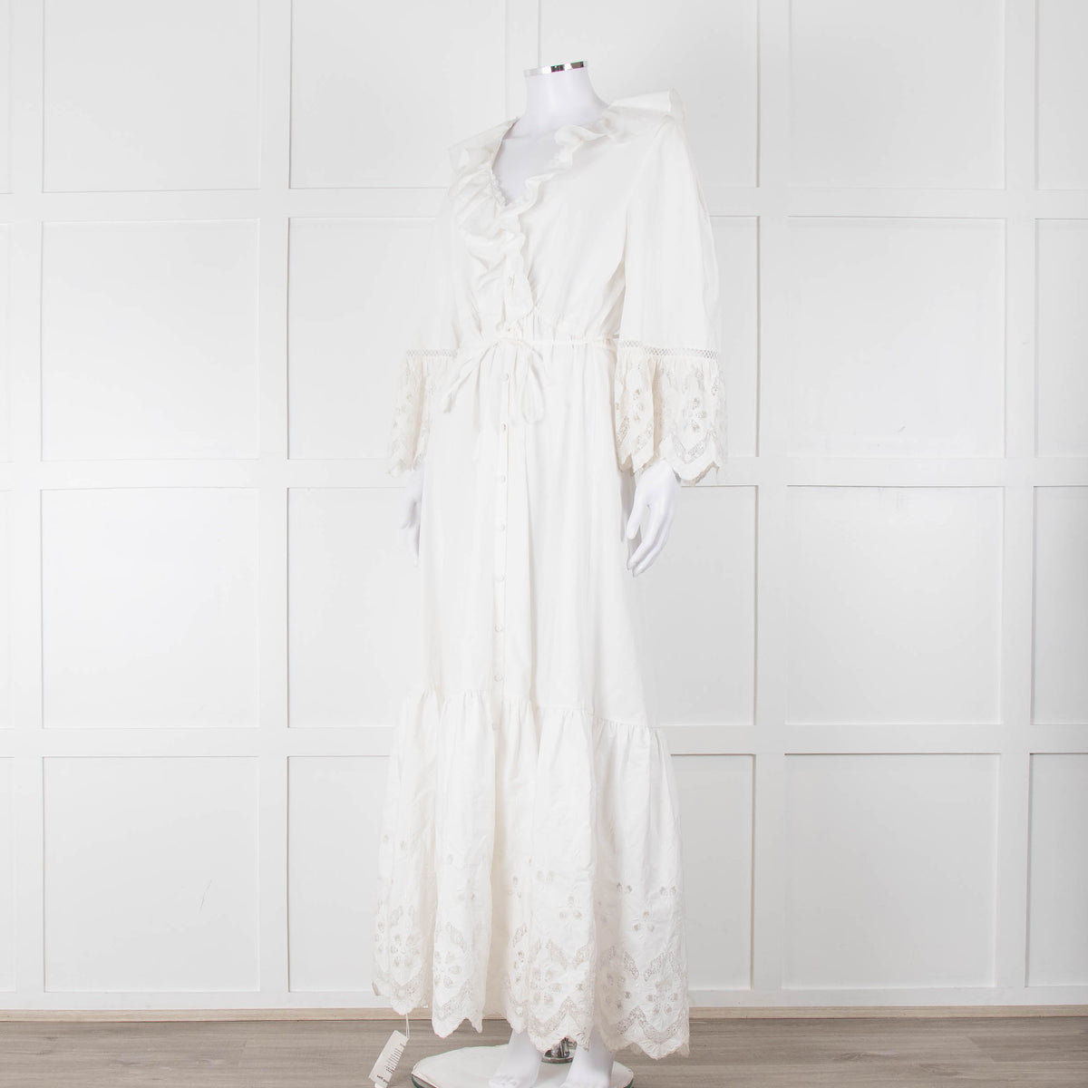 Self-Portrait White Cotton Embroidered Trim Peplum Maxi Dress