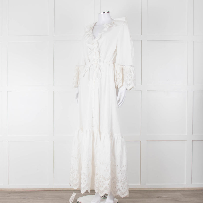 Self-Portrait White Cotton Embroidered Trim Peplum Maxi Dress