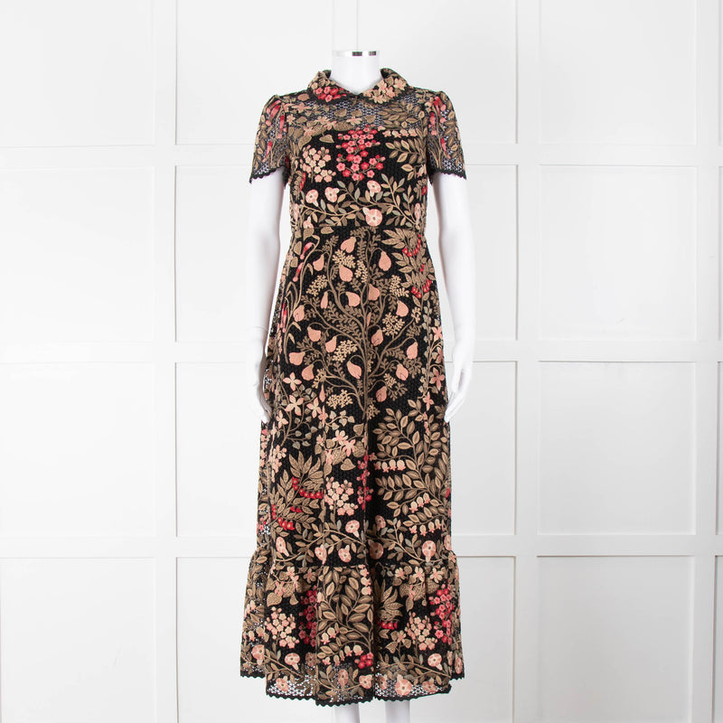 Red Valentino Black Lace Pink and Green Floral Embroidered Midi Dress