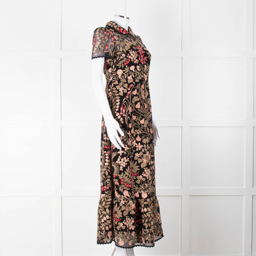 Red Valentino Black Lace Pink and Green Floral Embroidered Midi Dress