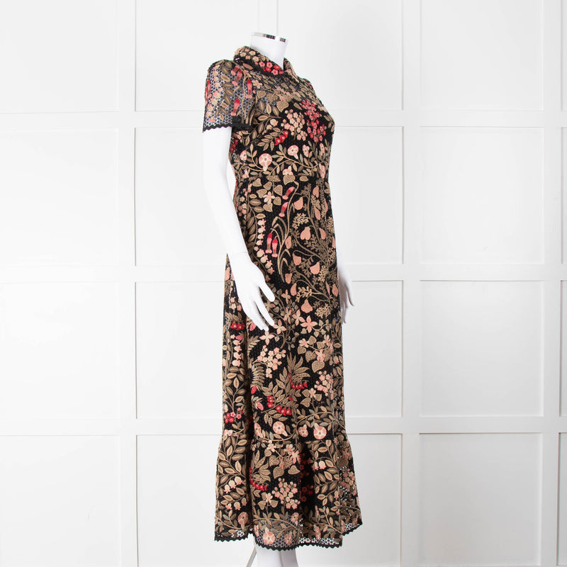 Red Valentino Black Lace Pink and Green Floral Embroidered Midi Dress