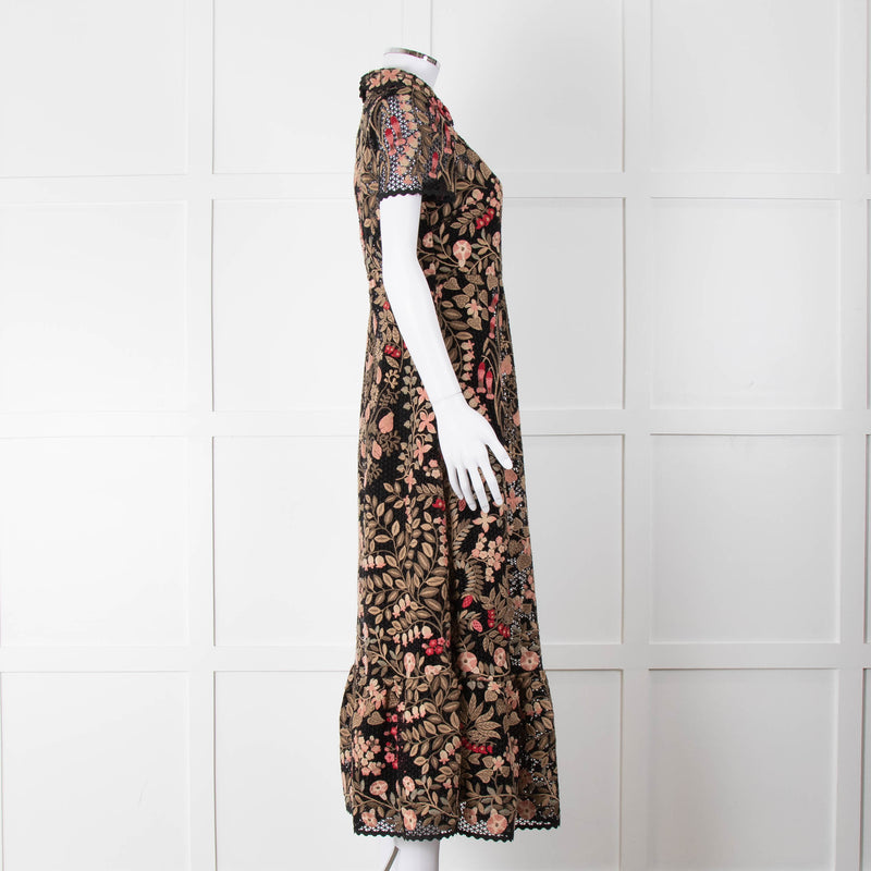 Red Valentino Black Lace Pink and Green Floral Embroidered Midi Dress