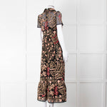Red Valentino Black Lace Pink and Green Floral Embroidered Midi Dress