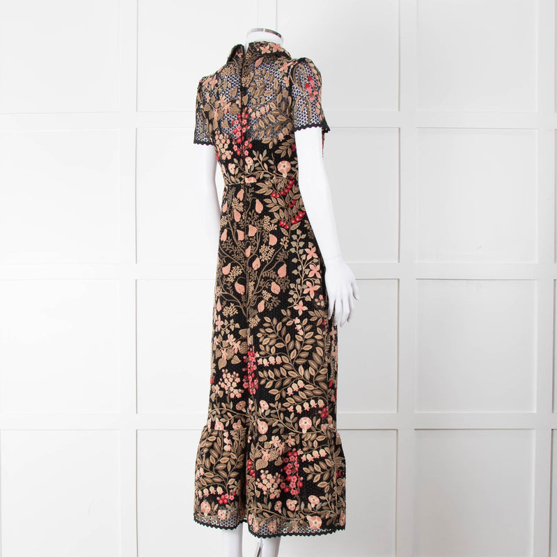 Red Valentino Black Lace Pink and Green Floral Embroidered Midi Dress