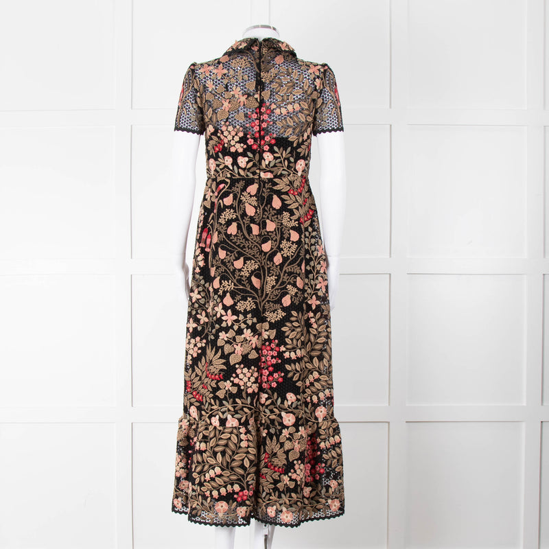 Red Valentino Black Lace Pink and Green Floral Embroidered Midi Dress