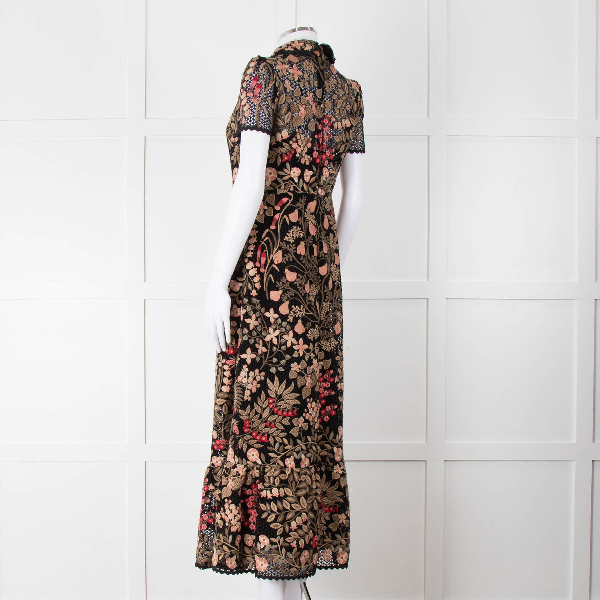 Red Valentino Black Lace Pink and Green Floral Embroidered Midi Dress