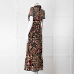 Red Valentino Black Lace Pink and Green Floral Embroidered Midi Dress