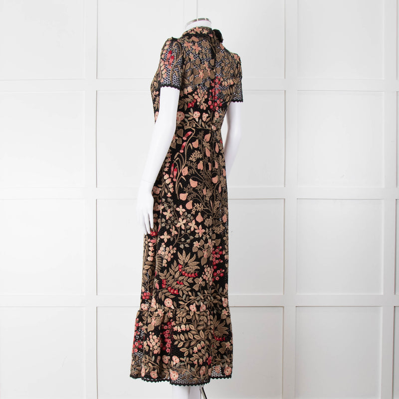 Red Valentino Black Lace Pink and Green Floral Embroidered Midi Dress