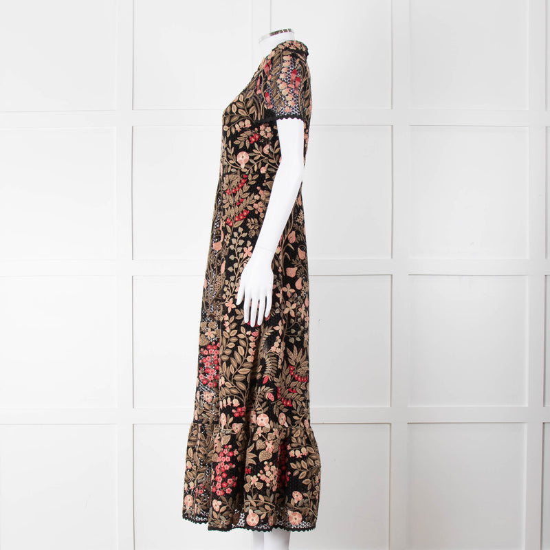 Red Valentino Black Lace Pink and Green Floral Embroidered Midi Dress