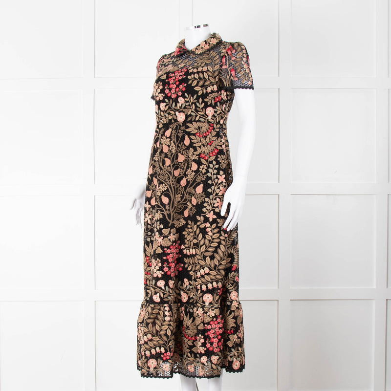 Red Valentino Black Lace Pink and Green Floral Embroidered Midi Dress