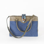 Jimmy Choo Blue Denim Green Leather Trim Tote Bag