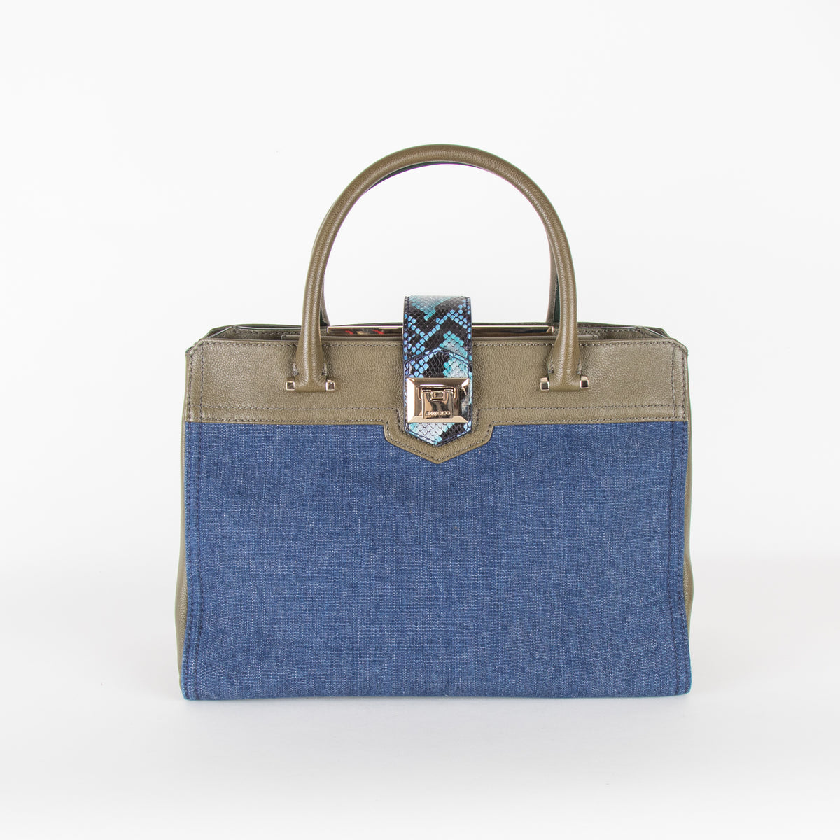 Jimmy Choo Blue Denim Green Leather Trim Tote Bag