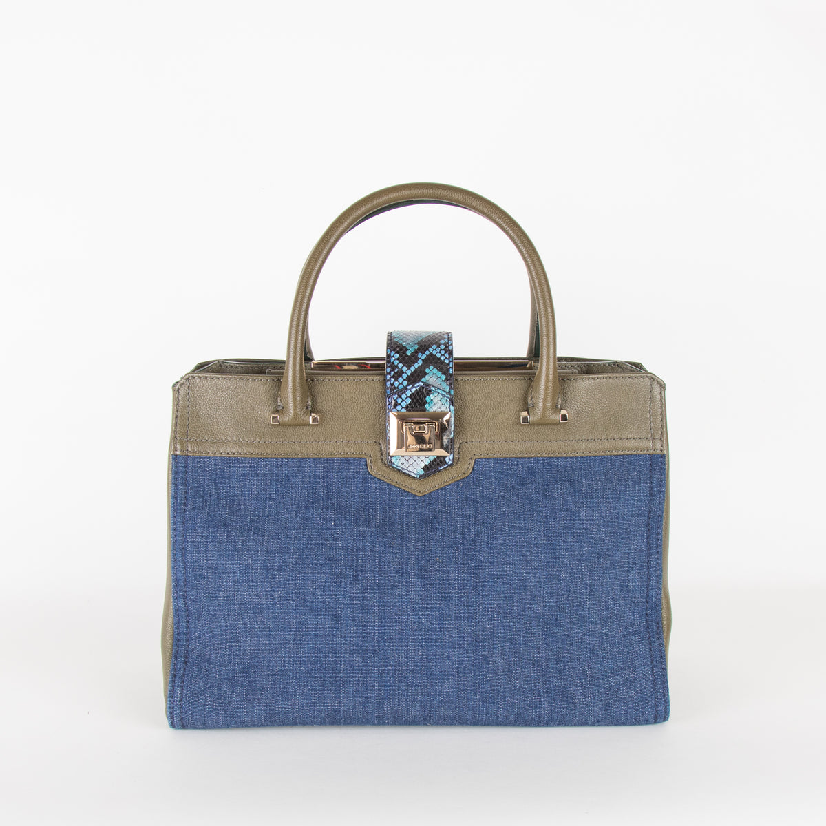 Jimmy Choo Blue Denim Green Leather Trim Tote Bag