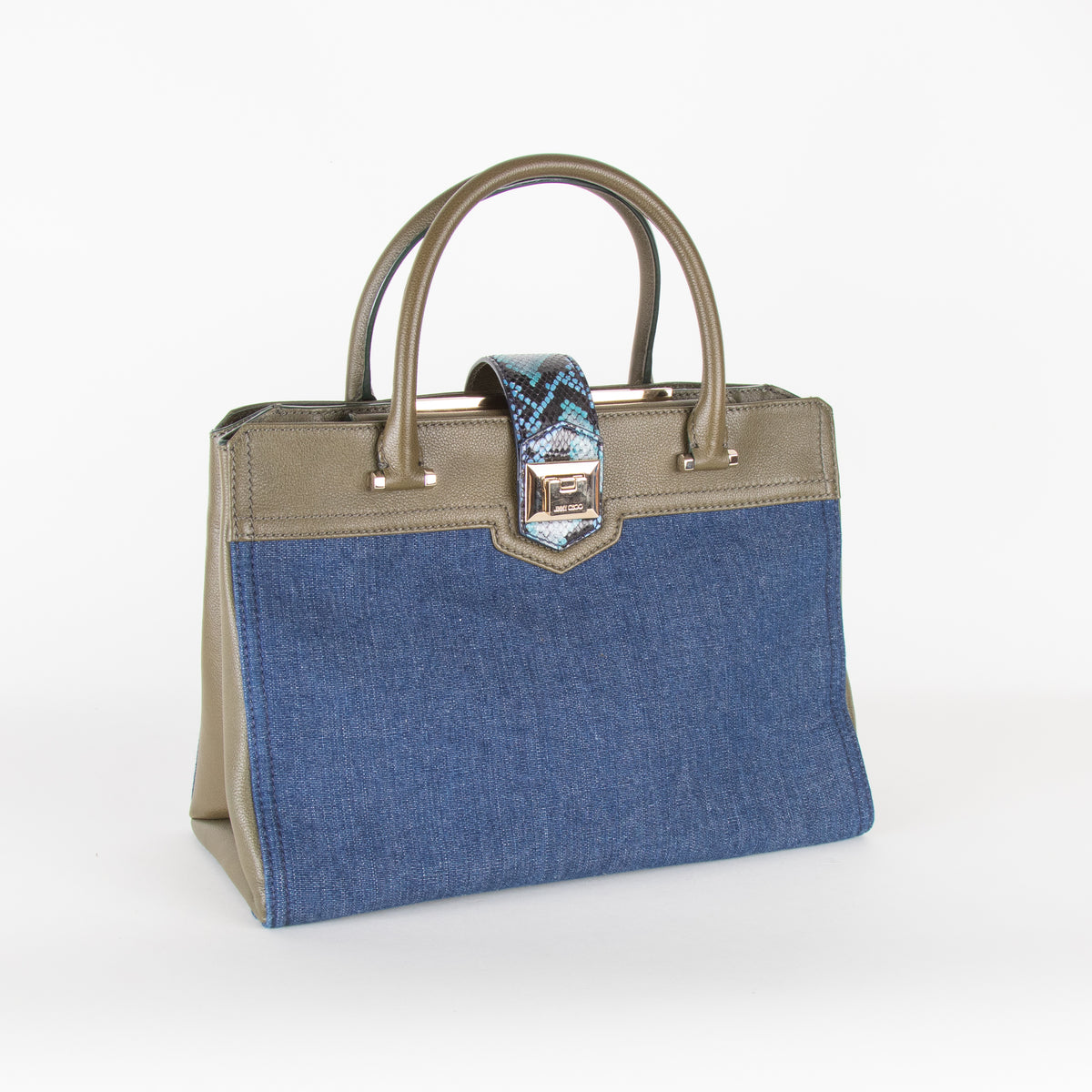 Jimmy Choo Blue Denim Green Leather Trim Tote Bag