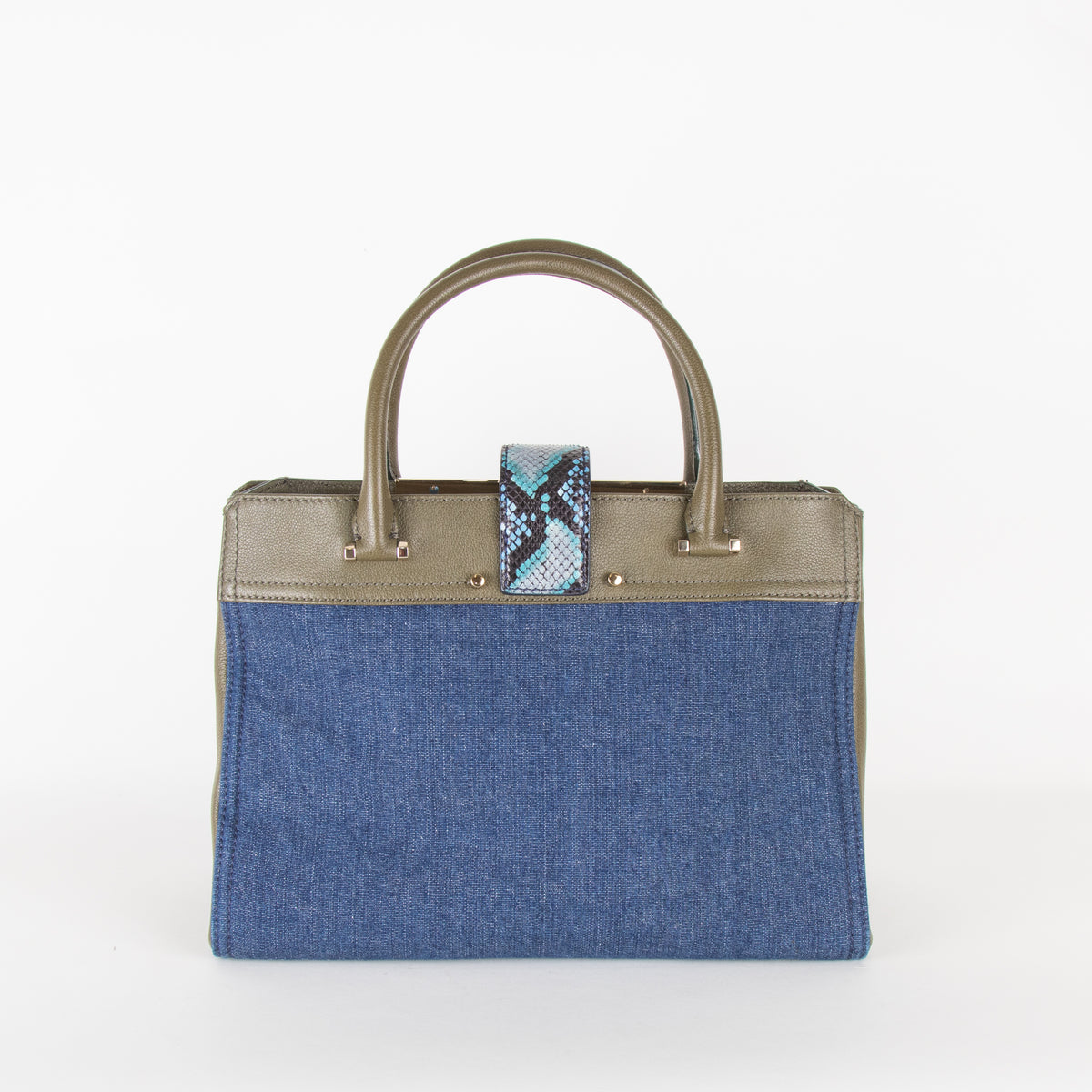 Jimmy Choo Blue Denim Green Leather Trim Tote Bag