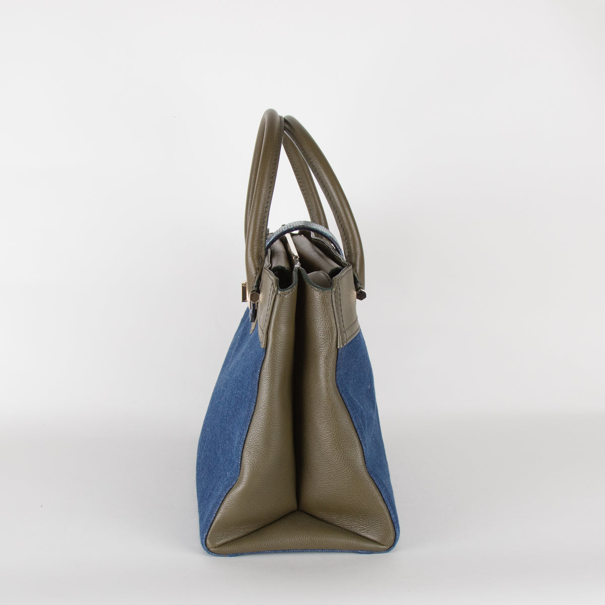 Jimmy Choo Blue Denim Green Leather Trim Tote Bag