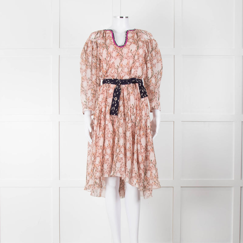 Chloe Misty Pink Floral Chiffon Midi Dress with Belted Waist