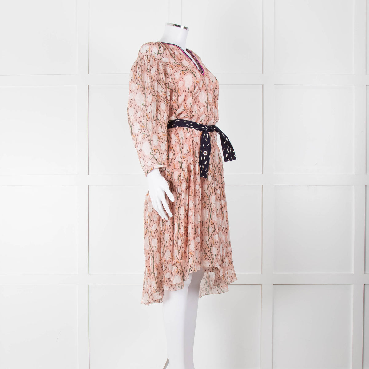 Chloe Misty Pink Floral Chiffon Midi Dress with Belted Waist