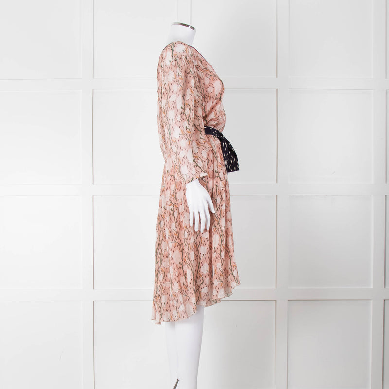 Chloe Misty Pink Floral Chiffon Midi Dress with Belted Waist