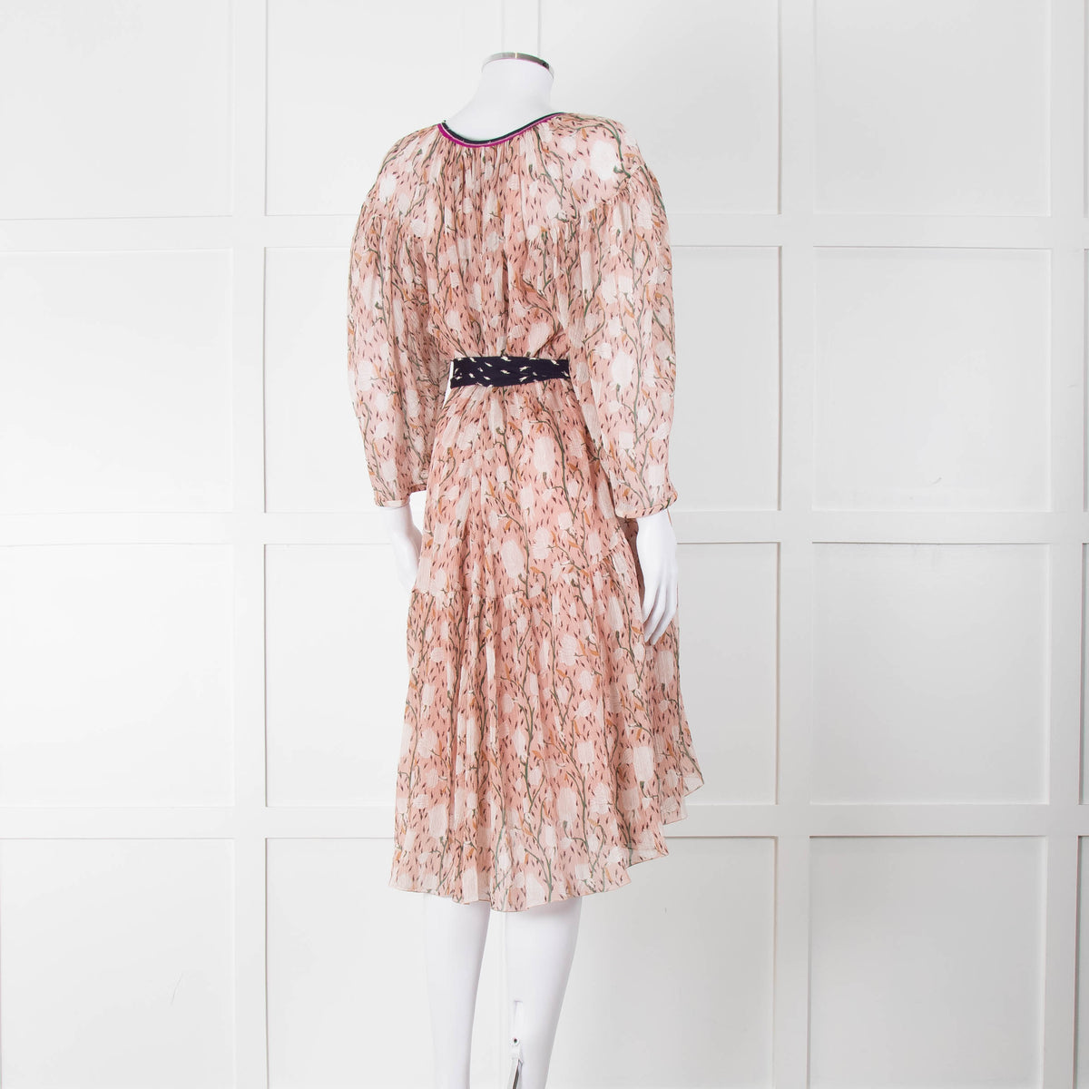 Chloe Misty Pink Floral Chiffon Midi Dress with Belted Waist