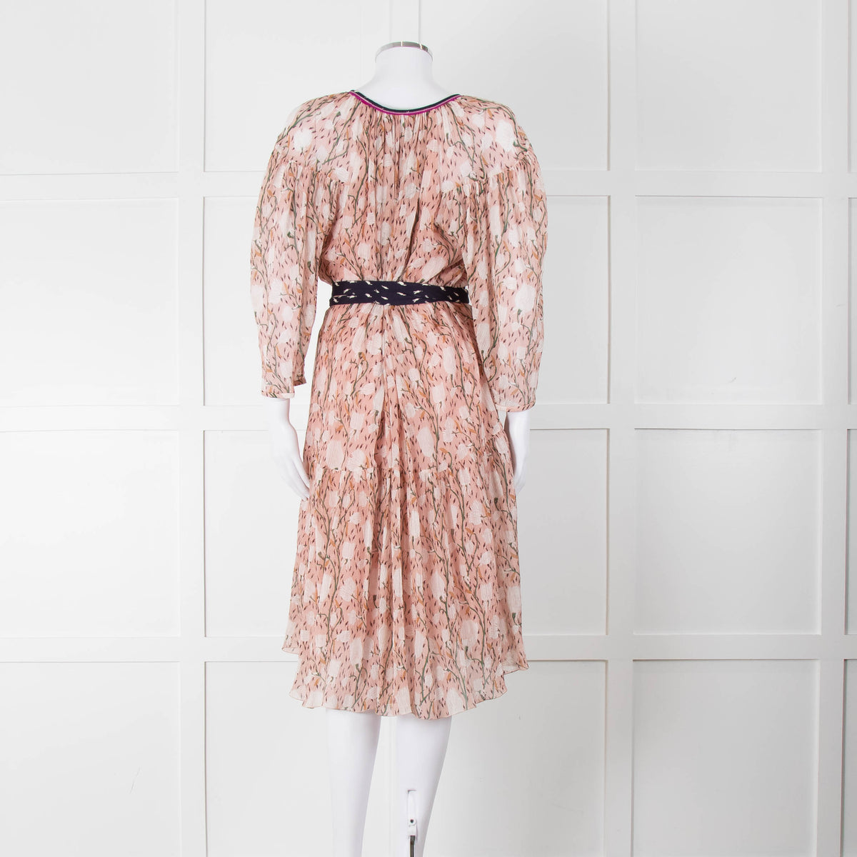 Chloe Misty Pink Floral Chiffon Midi Dress with Belted Waist