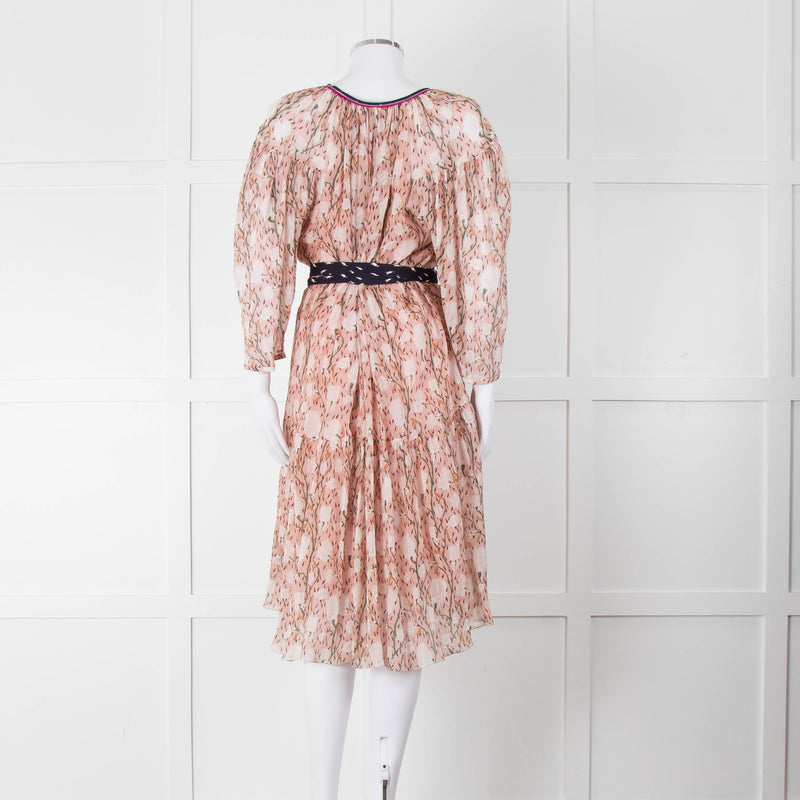 Chloe Misty Pink Floral Chiffon Midi Dress with Belted Waist